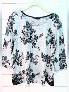 Mandee Super Soft Stretch Floral Print Knit  Top Black and Gray 🩶 Size XL